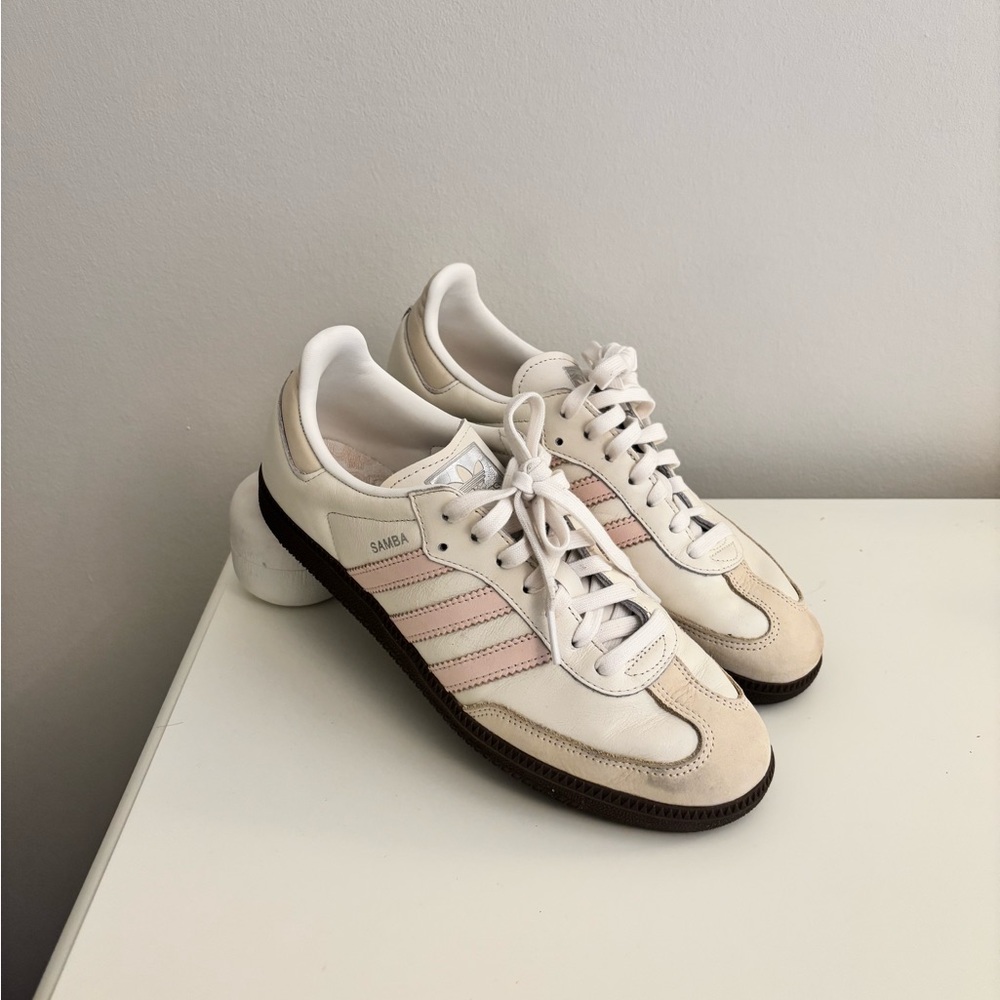 Cream/pink adidas sambas